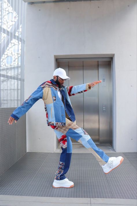 Blue Streetwear Outfit Men, Blue Patches Outerwear For Streetwear, Blue Patchwork Denim Jacket For Streetwear, Urban Washed Blue Streetwear Outerwear, Fall Outfits Casual, Streetwear Blue Patchwork Denim Jacket, Casual Outfit Summer, Mens Winter Fashion Outfits, Hypebeast Fashion