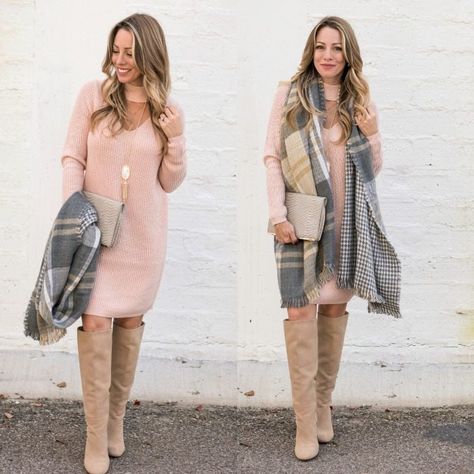 Dusty Pink Sweater Dress, Light Pink Sweater Dress Outfit, Pink Sweater Dress Outfit Winter, Pink Dress Fall Outfit, Pink Winter Dress Outfit, Pink Dress Outfit Winter, Pink Dress Winter Outfit, Pink Sweater Dress Outfit, Gray Sweater Dress Outfit