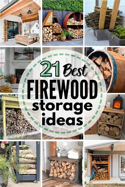 21 BEST Firewood Storage Ideas To DIY or Buy! Diy Wood Shed Outdoor Storage, Indoor Log Storage, Firewood Storage Ideas, Organizing Inspiration, Firewood Storage Indoor, Backyard Decoration Ideas, Firewood Storage Outdoor, Home Landscaping Ideas, Stacking Wood