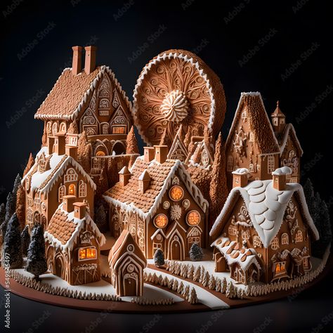 Gingerbread House Hogwarts, Ginger Bread House Village Ideas, Gingerbread House Blueprints, Gingerbread Building Ideas, Gingerbread Train Ideas, Ginger Bread Village, Gingerbread Architecture, Gingerbread Church, Gingerbread House Village