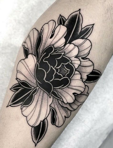 Black Peony Tattoo Design, Simple Bold Tattoos, Black Work Peony Tattoo, Trad Knee Tattoo, Blackwork Peony Tattoo, Bold Flower Tattoo, Blackwork Peony, Dark Peonies, Landscape Tattoos