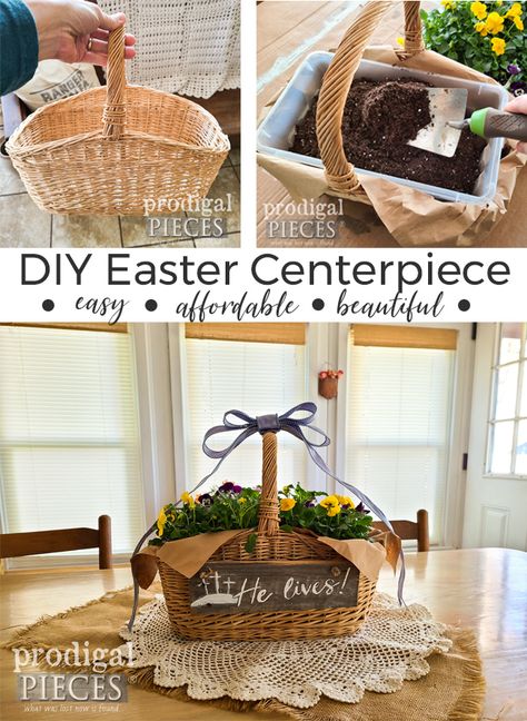 Beautiful, Affordable, and Easy ~ DIY Easter Centerpiece by Larissa of Prodigal Pieces | prodigalpieces.com #prodigalpieces #easter #diy #flowers #garden Easter Centerpieces Diy, Basket Makeover, Easter Centerpiece, Easter Basket Diy, Vintage Trays, Easter Traditions, Easter Centerpieces, Sewing Baskets, Spring Holidays