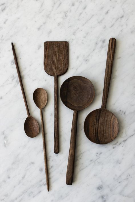 Walnut Cooking Utensils — Sunday Shop Wooden Kitchen Utensils, Wood Stains, Cooking Tool, Dark Wood Stain, Wooden Utensils, Wooden Kitchen, Utensil Set, Wooden Spoons, Kitchen Items