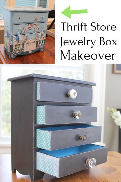 Thrift Store Thursday - Jewelry Box Makeover - Life on Kaydeross Creek Upcycled Jewelry Box Diy, Thrift Store Jewelry, Upcycle Jewelry Box, Pretty Scrapbook, Diy Jewelry Box, Box Makeover, Thrift Store Upcycle, Jewelry Box Makeover, Vintage Jewelry Diy