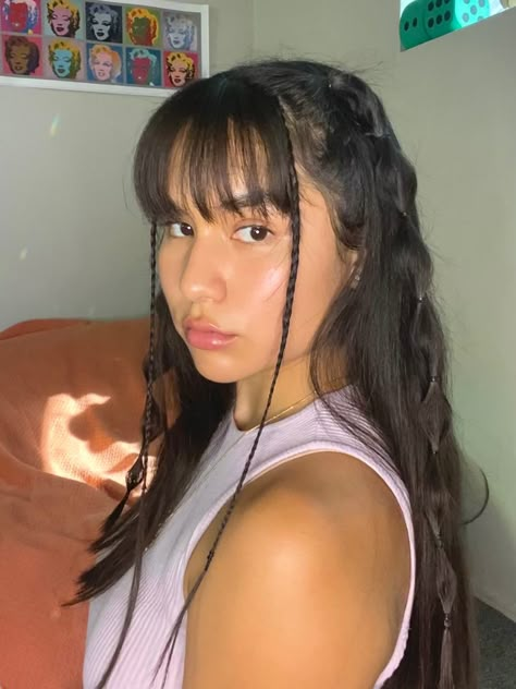 Braid Hairstyle With Bangs, Concert Hair With Bangs, Hairstyles For Fringes, Rave Hairstyles Bangs, Braid With Bangs Hairstyles, Rave Hairstyles With Bangs, Fairy Hairstyles With Bangs, 2 Hair Braids, Bangs And Braids Hairstyles