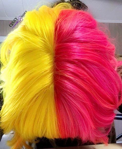 Pink and yellow half and half hair using z Good Dye Young hair color #pinkhair… Pink To Yellow Hair, Half Yellow Half Pink Hair, Yellow Hair Ideas, Blue Yellow Hair, Yellow And Blue Hair, Hair Ideas Colored Dyed, Pink Yellow Hair, Split Dye Pink, Pink And Blue Split Dye Hair