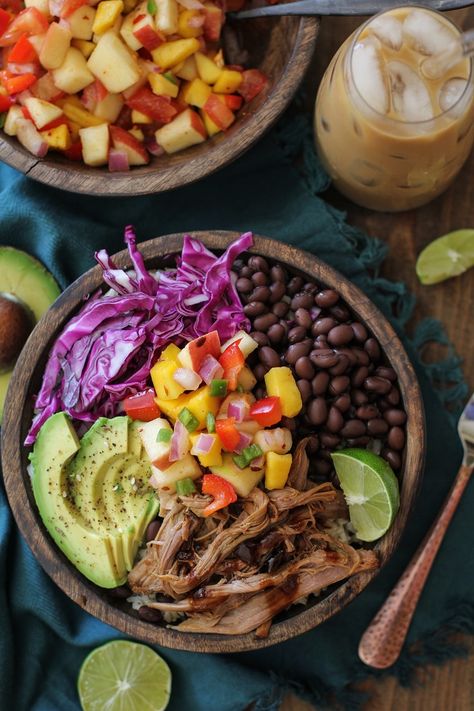 Pork Buddha Bowl, Pork Bowls Healthy, Pineapple Pork Bowl, Shredded Pork Burrito Bowl, Pork Luau Bowl, Pork Burrito Bowls, Best Crock Pot Recipes, Pork Bowl, Hawaiian Pulled Pork