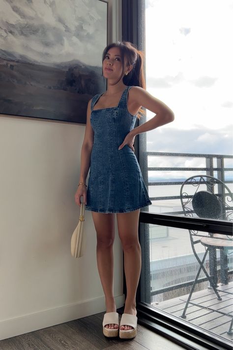 Women's Denim A-Line Mini Dress curated on LTK Short Denim Dress Outfit Summer, Button Up Denim Dress, Cute Denim Dress, Denim Dress Concert Outfit, Denim Midi Dress Outfit, Short Denim Dress Outfit, Denim Mini Dress Outfit, Denim Dress Styling, Denim One Piece Dress