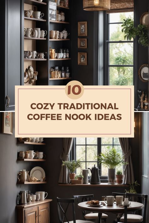 Looking to create the perfect traditional style coffee nook? Imagine sipping your favorite brew in a quaint, warm corner filled with delightful decorations. Discover these 10 inspiring ideas featuring cozy displays, wooden tables, and plenty of plants that bring life to your space. Whether you crave rustic appeal or a flair for vintage charm, these ideas will spark your creativity. Transform your coffee drinking experience with these thoughtful design suggestions. Let's make your coffee nook the coziest spot in your home! Coffee Nook Table And Chairs, Coffee Spot At Home, Coffee Lounge Ideas Home, Coffee Nook Ideas, Cozy Coffee Nook, Coffee Nooks, Coffee Corners, Kitchen Bay Window, Coffee Table Inspiration