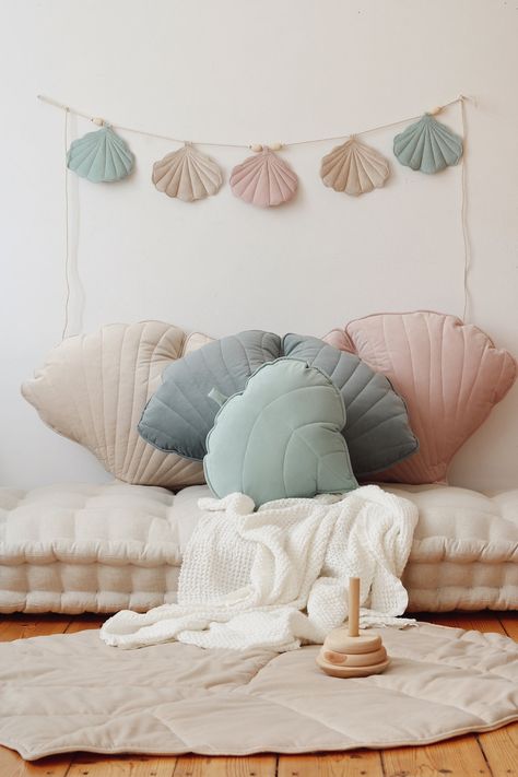 Mermaid Toddler Room, Mermaid Room Aesthetic, Mermaid Room Ideas Kids, Beach Kids Room, Mermaid Theme Room, Mermaid Room Decor, Summer Nursery, Candy Pillows, Leaf Pillow