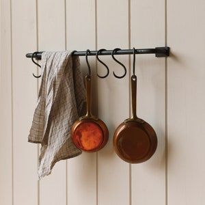 Pot Rail, Kitchen Rail, Kitchen Utensil Rack, Kitchen Rails, Copper Kitchen Utensils, Utensil Rack, Solid Wood Shelves, Barn Conversion, Pots Pans