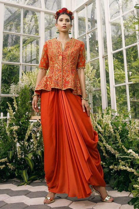 Shop for these amazing collections of Orange Silk Embroidery Floral Notched Jacket And Draped Skirt Set For Women by Adi By Aditya Khandelwl online at Aza Fashions. Sufi Night Outfit Women, Drape Skirts Indo Western, Peplum Jacket Outfit, Sufi Night, Bhumika Sharma, Indo Western Outfits For Women, Kurta Skirt, Dori Embroidery, Long Frock Designs