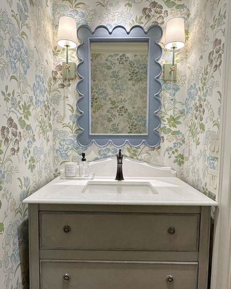 Scallop Mirror, Powder Bath Wallpaper, Master Bath Mirror, Scalloped Mirror, Houston Interior Designers, Powder Room Decor, Inspiration Bathroom, Bath Mirror, Live Your Dream