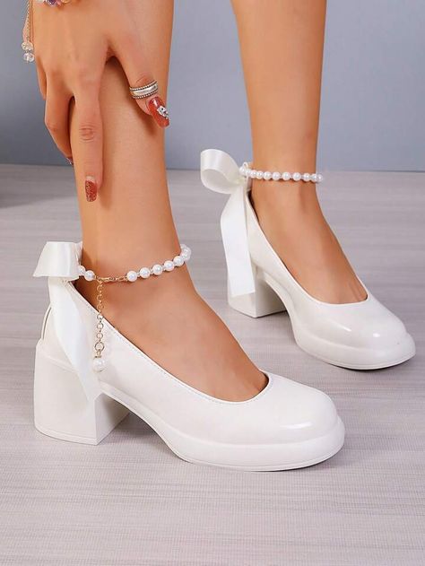 European Style Women'S Mary Jane High Heel Shoes 2024 New White Wedding Shoes French Thick Bottom Loafers Chunky Heel Pumps, Pumps | SHEIN ASIA Shein Shoes High Heels, White Chunky Heels, Eid Ideas, Bride 2024, Loafers Chunky, Shein Shoes, White Wedding Shoes, Chunky Heel Pumps, Womens Mary Janes