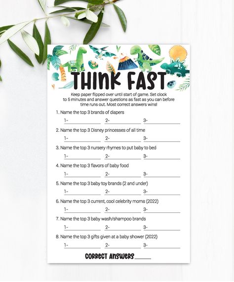 Think Fast Baby Shower Game -Answer Sheet Included Dinosaur Baby Shower Games Boys, Baby Shower Dinosaur Games, Boy Baby Shower Ideas Dinosaur, Dinosaur Baby Shower Games, Boho Dinosaur Baby Shower Ideas, Dino Theme Baby Shower Ideas, Baby Dinosaur Baby Shower Ideas, Dinasour Baby Shower Theme, Dino Baby Shower Ideas