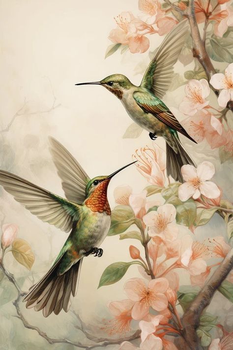 Hummingbirds, Van, Flowers, Pink, Art