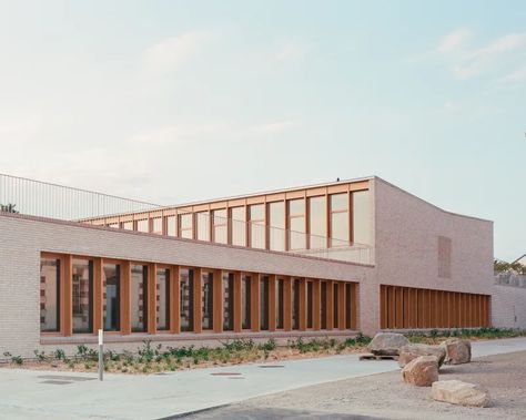 RAUM, Charles Bouchaïb · Alice Guy School · Divisare Church Building Design, Brick Projects, Multipurpose Hall, Wood Architecture, Brick And Wood, Brick Architecture, Timber Structure, School Yard, Adaptive Reuse