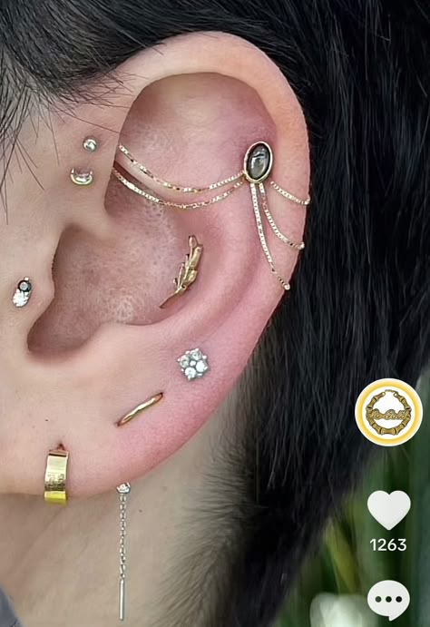 Ethereal Piercings, Curated Ear Piercing Maximalist, Loaded Ear Piercing, Ear Piercing Setup Ideas, Silver And Gold Piercings, Gemini Piercing, Eat Peircings Women Chart, Ear Styling Ideas Gold, Ear Piercing Constellation