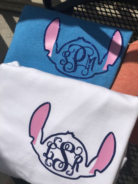 Disney Stitch Shirt Ideas, Disney Monogram Shirts, Stitch Birthday Shirts Ideas, Stitch Shirt Ideas, Disney Monogram, Disney Anniversary, Monogram Vinyl Decal, Disney Trip Shirts, Diy Monogram