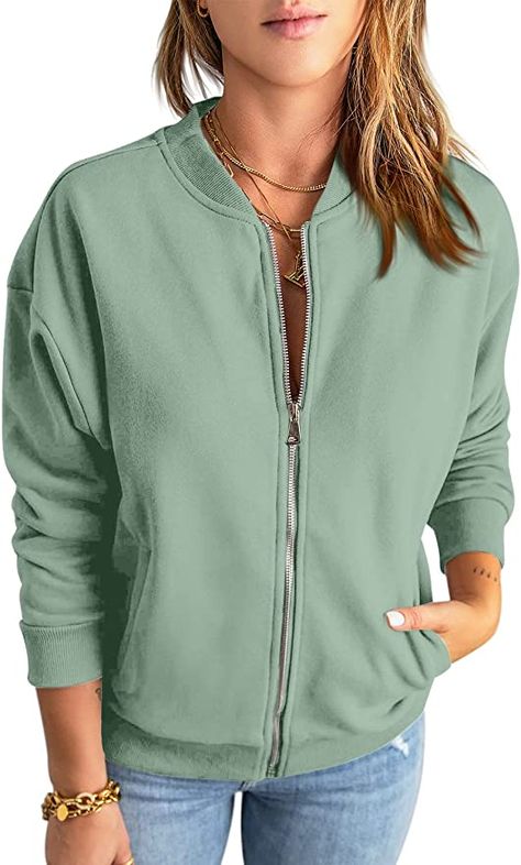 GeGekoko Womens Zip Up Sweatshirts Jackets Long Sleeve Casual Loose Outwear with Pockets at Amazon Women’s Clothing store Sweatshirt Zipper, Casual Design, Workout Sweatshirt, Fall Jackets, Cozy Sweatshirts, Look Plus, Casual Jacket, Long Sleeve Casual, Leisure Wear