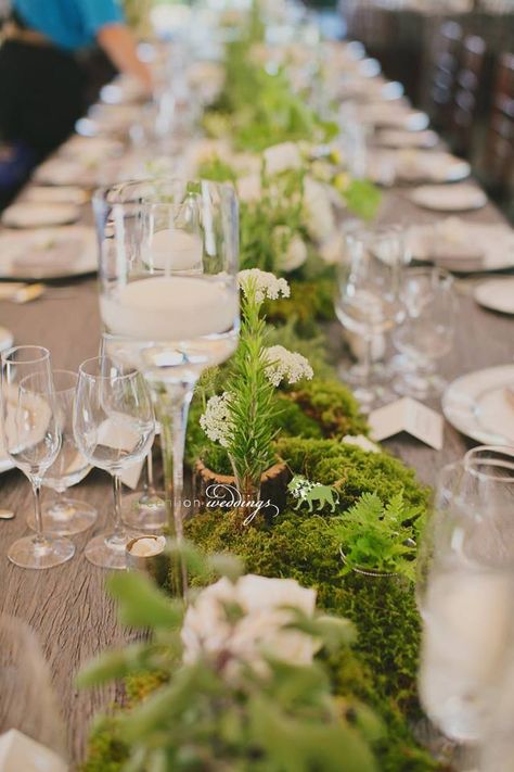 Mossy ! Moss Table Runner Wedding, Moss Table Decor, Moss Wedding Table, Mossy Wedding, Moss Centerpiece Wedding, Long Wedding Table Decorations, Cowboy Dinner, Woodland Wedding Centerpieces, Moss Table Runner