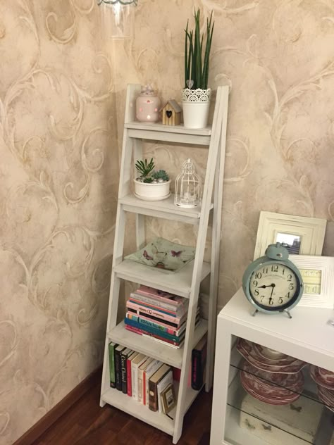 Vintage ladder book case, a very cosy detail of provence interior #ladder #bookcase #shelf #handmade #vintage #provence #cage #books #candle #plants #suculentas Ladder Shelf Bookcase, Ladder Shelf Bedroom Bedside Tables, Book Ladder Shelf, Ladder Shelf Books, Bedside Ladder Shelf, Small Living Room Bookcase, Ladder Bookshelf Aesthetic, Small Bookshelves Ideas, Latter Book Shelf