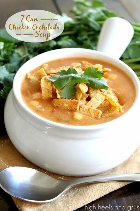 To make this soup, you literally put seven cans of stuff in a pot and heat it up. So easy and delicious! #recipe #dinner http://www.highheelsandgrills.com/2013/12/7-can-chicken-enchilada-soup.html Enchilada Seasoning, Tortilla Strips, Chicken Enchilada Soup, Enchilada Soup, Soup Chicken, Chicken Enchilada, Steak Sandwich, Savory Soups, Diced Tomatoes