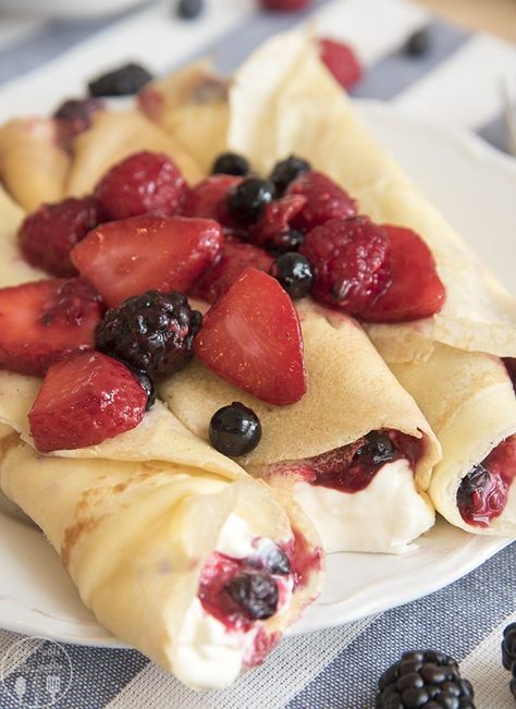 Berries and cream crepes are filled with a cheesecake like filling, and sweet juicy berries for a decadent breakfast or dessert. Cream Crepes, Dessert Crepes, Berries And Cream, Crepe Recipe, Sweet Crepes, Seabrook Island, Xmas 2022, Crepe Maker, Mini Dessert