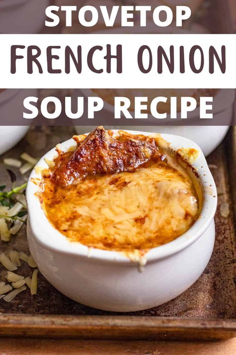 French Onion Soup is a creamy bowl of comfort food. It may be a labor of love to make, but it is worth every delicious bite! Low Sodium French Onion Soup, French Onion Soup Crockpot, Onion Soup Crockpot, Soup Stovetop, Best French Onion Soup, Comte Cheese, Types Of Onions, Onion Soup Recipe, French Onion Soup Recipe