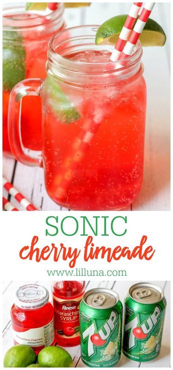 Delicious copycat recipe for Sonic's Cherry Limeade! Ingredients include 7-Up, cherries, a lime, and maraschino syrup. This simple recipe tastes just like the real thing. #copycatsoniccherrylimeade #cherrylimeade #soniccherrylimeade #cherry #soniccopycat Cherry Limeade Recipe, Sonic Cherry Limeade, Limeade Drinks, Limeade Recipe, Drink Recipes Nonalcoholic, Summertime Drinks, Cherry Limeade, Refreshing Drinks Recipes, 7 Up