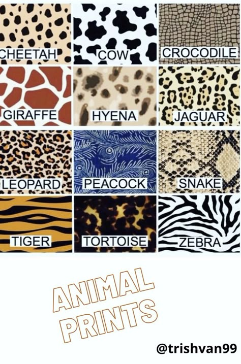 Guide to animal prints Animal Print Drawing Pattern, Animal Print Fabric Textiles, Different Animal Prints, Animal Print Dress Illustration, Animal Prints Outfit, Animal Print Fashion Illustration, Animal Print Drawing, Animal Fashion Illustration, Mixing Patterns Fashion