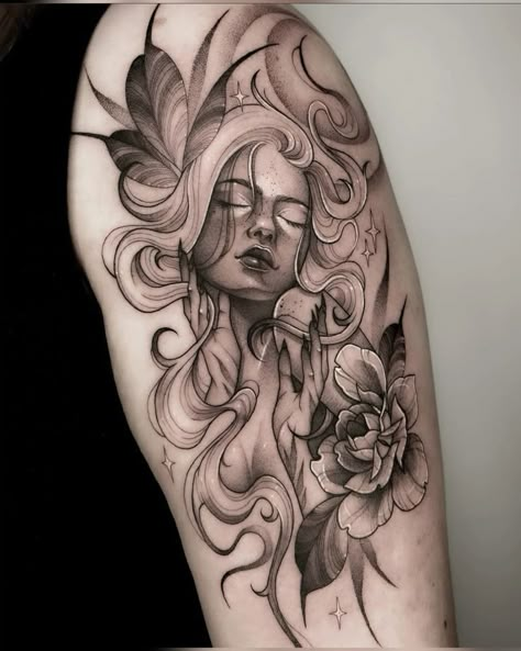 Woman Face Flower Tattoo, Moon And Woman Tattoo, Womans Face Tattoo Design, Womans Sleeve Tattoo Ideas, Woman Face Tattoo Design, Floral Stomach Tattoo, Feminine Sleeve Tattoo Ideas, Native American Woman Tattoo, Feminine Sleeve Tattoo