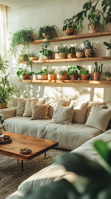 Cozy boho living room with beige sofa, pillows, rustic shelves, plant wall, and warm natural lighting. Plant Home Aesthetic, Earthy Minimalist Living Room, Warm Earthy Living Room, Natural Decor Ideas, Earthy Homes, Green Plant Wall, Nature Inspired Home, Rustic Wooden Coffee Table, Rustic Comforter