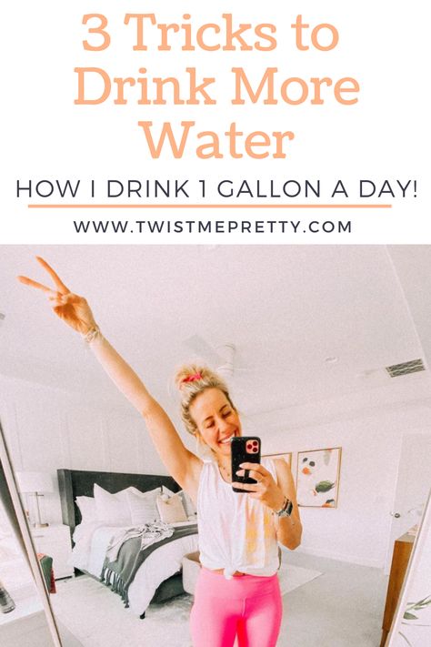 3 tricks to drink more water. How I drink 1 gallon a day! www.twistmepretty.com Tricks To Drink More Water, Drinking A Gallon Of Water A Day, How To Drink More Water, 1 Gallon Of Water A Day, Gallon Of Water A Day, Strawberry Infused Water, Water Per Day, Water Enhancer, Water Drink