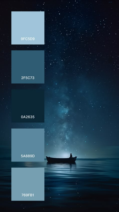 The image features a serene nighttime scene dominated by the vast, starry expanse of the sky. In contrast to the deep blues and blacks of space, the Milky Way stretches vertically through the center, its cloudy band of light speckled with stars and lending a soft glow to the composition. Dark Sky Color Palette, Glow Color Palette, Space Colour Palette, Night Sky Color Palette, Dark Blue Color Palette, Night Color Palette, Blue Color Pallet, Color Thesaurus, Silhouette Of A Person