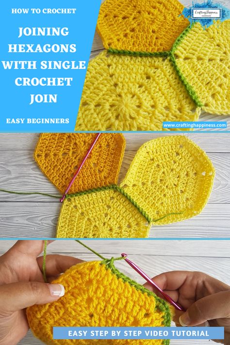 Joining crochet hexagons with single crochet join is a simple crochet technique that creates a raised ridge around your hexagon while leaving the back of your work flat.    Learn how to join crochet hexagons with this easy to follow video tutorial. Step by step instructions for beginners.      #babyblankets #crochetforbeginners #crochetpatternsfree #crochetprojects #crochetstitches #crochetbaby #modernbabyblanket #crochet #babyafghans #crochetpatterns #freepatterns #joinhexagons #hexagonblanket Joining Crochet Motifs, Joining Crochet, Crochet Beanie Hat Free Pattern, Joining Crochet Squares, Crochet Stitch Patterns, Crochet Hexagons, Crochet Hexagon Blanket, Crochet In The Round, Hexagon Crochet Pattern