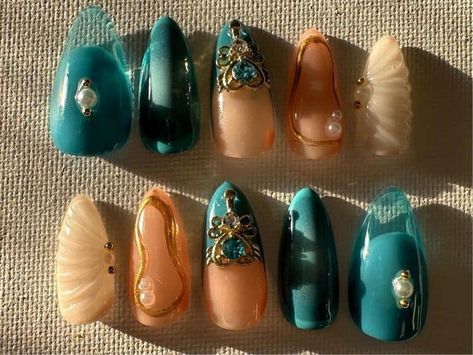 Nail Designs Turquoise, Sweetheart Nails, Pearls Nails, Medium Almond Nails, Nails Turquoise, Mismatched Nails, Nails Colorful, Turquoise Nails, Medium Almond