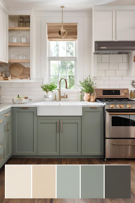 Different Color Kitchen Cabinets Ideas, White Upper Cabinets Colored Lower, Farmhouse Kitchen Accent Colors, 3 Tone Kitchen Cabinets Modern, Paint White Kitchen Cabinets, Non White Kitchen Cabinets Paint Colors, Colored Cabinets With White Countertops, Interior Design Color Schemes Kitchen, Colored Lower Cabinets