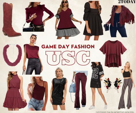 Outfit inspiration for USC football game days. Maroon Football Game Outfit, Game Day Fashion, Usc Football, Bell Bottom Trousers, Satin Shirts, Faux Suede Moto Jacket, Football Game Outfit, Game Day Outfit, University Of South Carolina