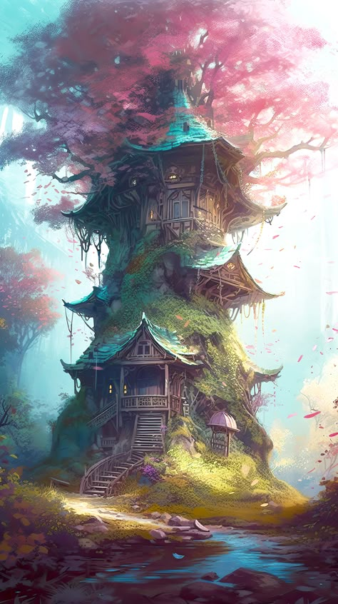 #blossom #cherry #fantasy #hut #wizard #witch #dnd #rpg Wizards And Witches, Wizard Tower Aesthetic, Dnd World Art, Fantasy Witch House, Dnd Wizard Tower, Wizard Tower Concept Art, Fantasy Wizard Tower, Witch Hut Minecraft, Forest Witch Art