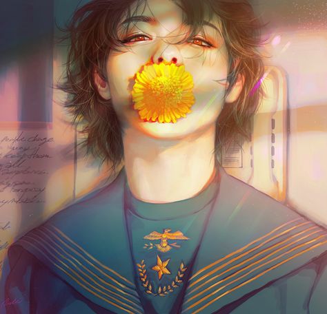 Flower In Mouth, Flower Portrait, Seventeen Vernon, Kpop Art, Boy Illustration, 5 Anime, Painting Drawing, Portrait Illustration, Male Art