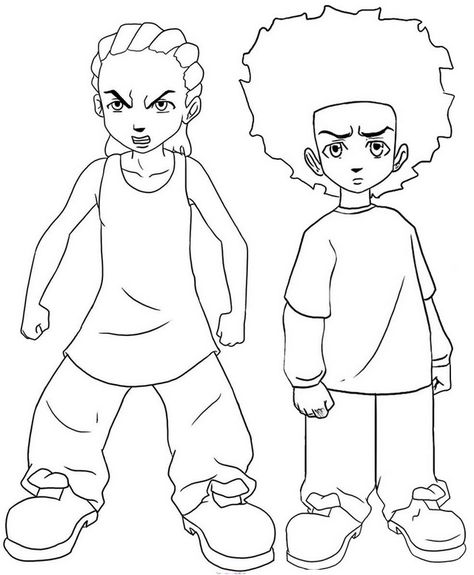 Huey and Riley Coloring Page of Boondocks The Boondocks Coloring Page, Cartoon Line Art Character Design, Riley Boondocks Drawings, Boondocks Coloring Pages, Boondocks Drawings Easy, The Boondocks Drawings, Boondocks Tattoo Stencil, Drawing Boondocks, Boondocks Drawings Pencil