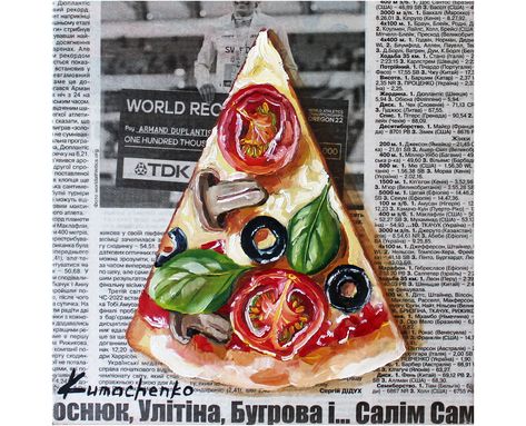 Pizza Still Life, Basil Painting, Art With Food, Pizza Painting, Food Oil Painting, Newspaper Painting, Chocolate Drawing, Metamorphosis Art, Art Deco Drawing