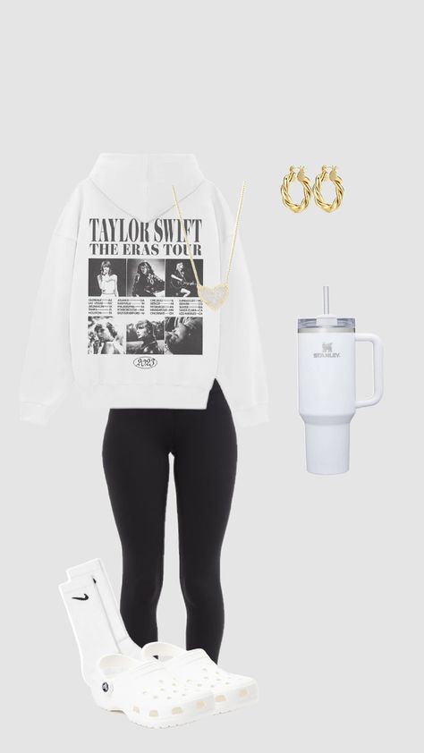 random outfit #outfitinspo #taylorswift #crocs #white #trendy #preppy #foryou White Crocs, Taylor Swift, Swift, Leggings, White, Black