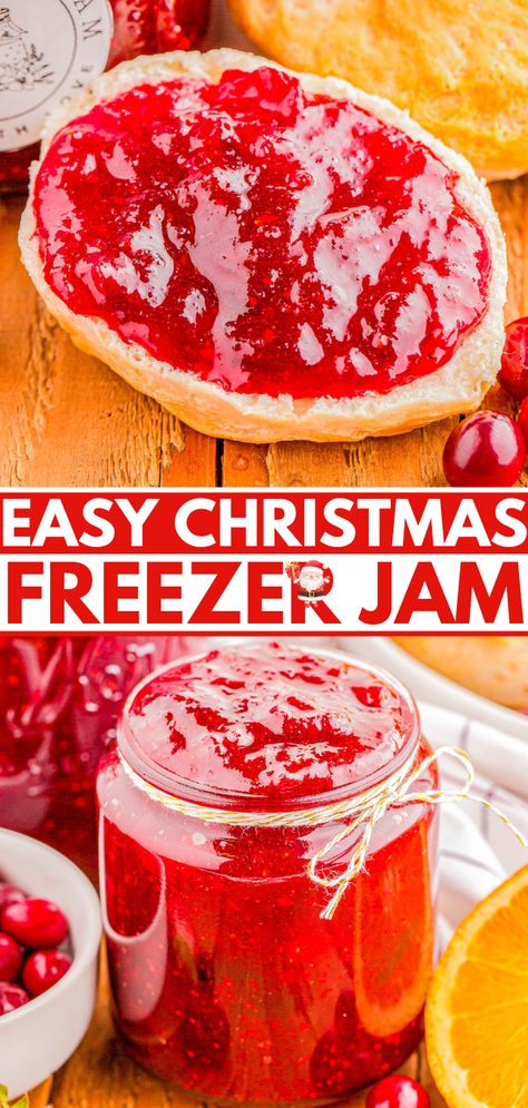 Christmas Freezer Jam - Averie Cooks Cranberry Orange Freezer Jam, Freezer Canning Recipes, Orange Cranberry Jam, Easy Freezer Jam Recipes, Freezer Christmas Jam, Diy Strawberry Jam, Recipes Using Jam, Easy Jam Recipes, Christmas Jam Recipes