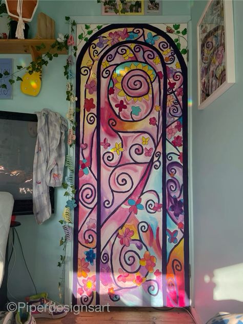 The door from Barbie and the Secret Door that I painted Floral Painted Front Door, Painting Door Aesthetic, Cool Bedroom Door Ideas, Barbie Room Decor Diy, Door Painting Ideas Bedroom Flowers, Painting Doors Interior Creative Diy, Maximalist Door, Bathroom Door Painting Ideas, Cool Painted Doors