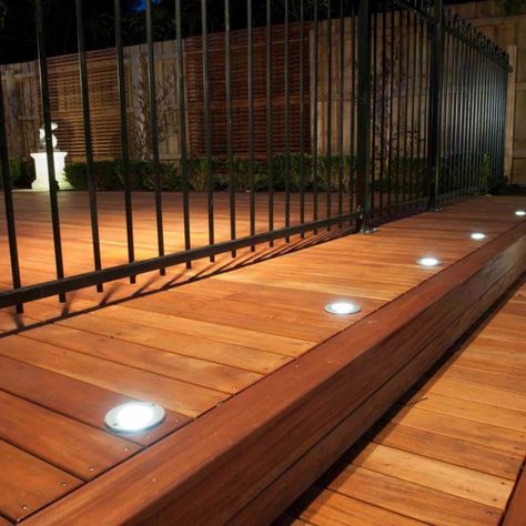 deck in floor lighting Deck Stair Lights, Outdoor Deck Lighting, Deck Steps, Stair Lights, Wooden Deck, Solar Deck Lights, Deck Stairs, Deck Lights, Stair Lighting