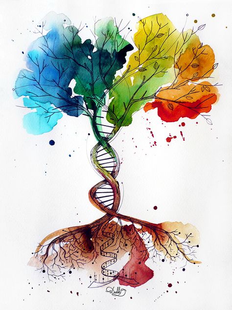 designed by #dushky / #art #illustration #tattoo #design #tree #watercolor #dna #roots Illustration Tattoo Design, Biotechnology Art, Dna Drawing, Dna Tree, Tree Tattoo Back, Dna Art, Dna Tattoo, Tree Watercolor, Biology Art