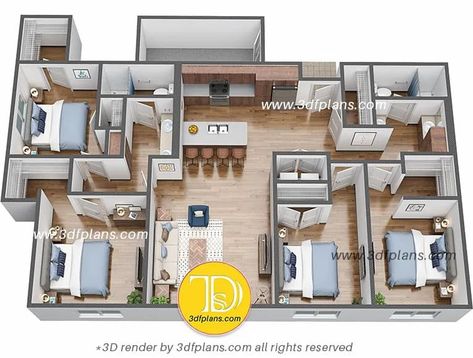 four bedrooms student housing 3d floor plan in USA, floor plan rendering, US dormitory, hostel in us university Efficiency Apartment, Floor Plan Rendering, Plan Rendering, Rendered Floor Plan, Two Story House Design, 3d Floor Plans, 3d Floor Plan, 3d House Plans, Sims 4 House Plans