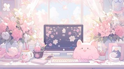 Pink And Green Pc Wallpaper, Background Images For Computer, Pink Pc Wallpaper Desktop Backgrounds, Desk With Flowers, Kawaii Desktop Wallpaper, Pretty Wallpapers Backgrounds Aesthetic, Strawberry Daifuku, Cute Wallpapers For Computer, Horizontal Wallpaper